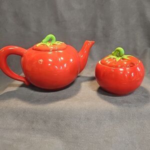 5 Pcs Vtg “Pantry Parade” Tomato Teapot Sugar and Creamer EUC